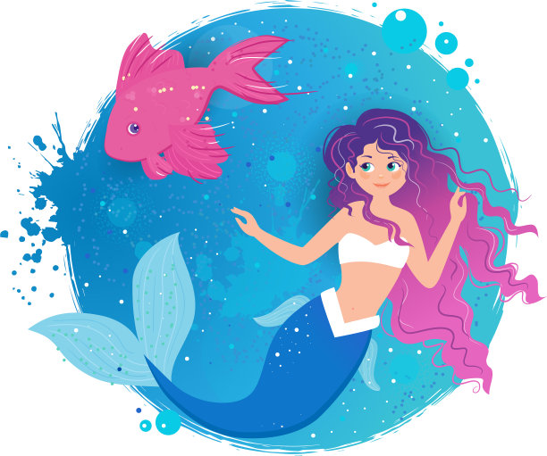 卡通微笑美人鱼与鱼在蓝色图片下载