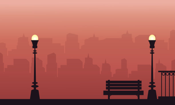 路灯和椅子在街道景观上的剪影图片下载