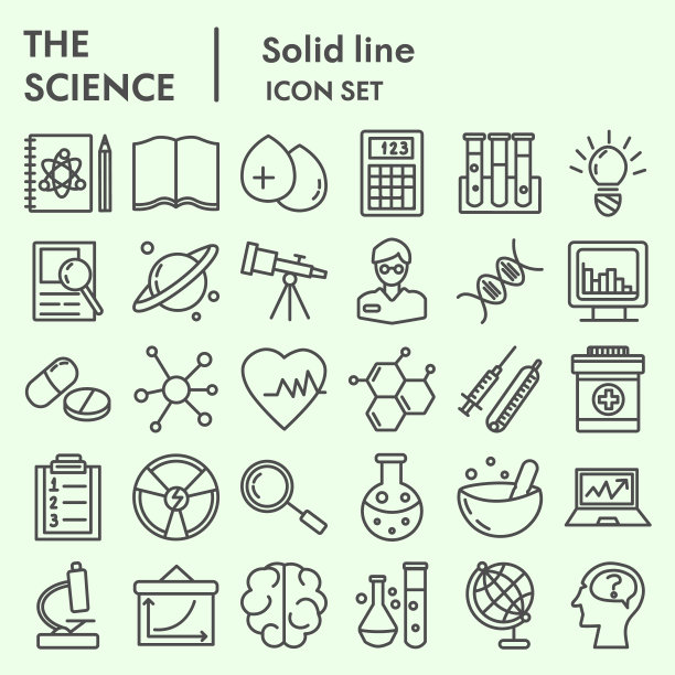 科学线图标集，研究符号集集合或矢量草图。技术标志设置为电脑网页，线形象形风格包装孤立在白色背景上，eps 10。图片下载