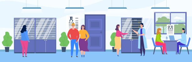 人们参观眼科店矢量插图，卡通平面快乐的游客人物在眼镜店室内选择眼镜图片下载