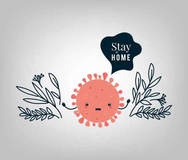 Covid - 19病毒卡通树叶和居家文字矢量设计图片下载