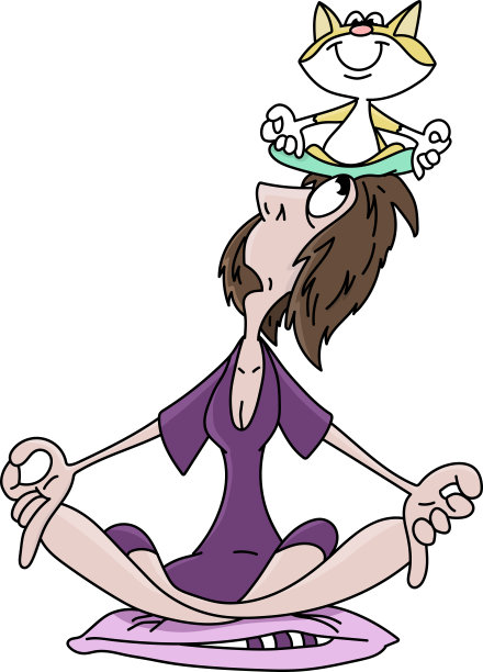 卡通女人坐在莲花的位置与她的猫在她的头做瑜伽矢量插图图片下载