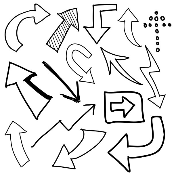 卡通风格。手绘箭头，边框，图标和符号。手绘涂鸦设计元素的白色背景图片下载
