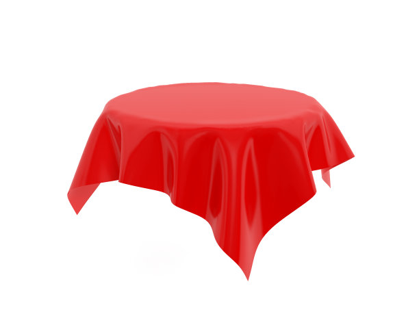 看不见的圆桌上铺着红色桌布。3 d渲染图图片下载