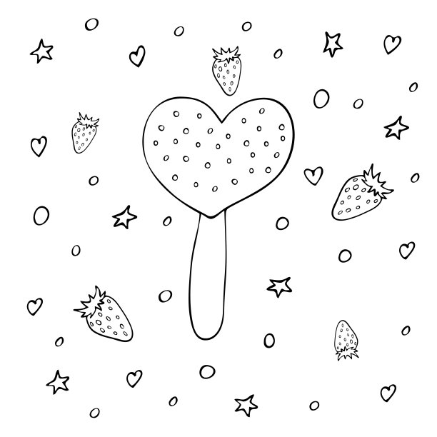 冰棒上的心形草莓冰淇淋。用黑线手绘的。美味的夏季dessert.Coloring。图片为您的设计。股票矢量插图。孤立物体白色背景。图片下载