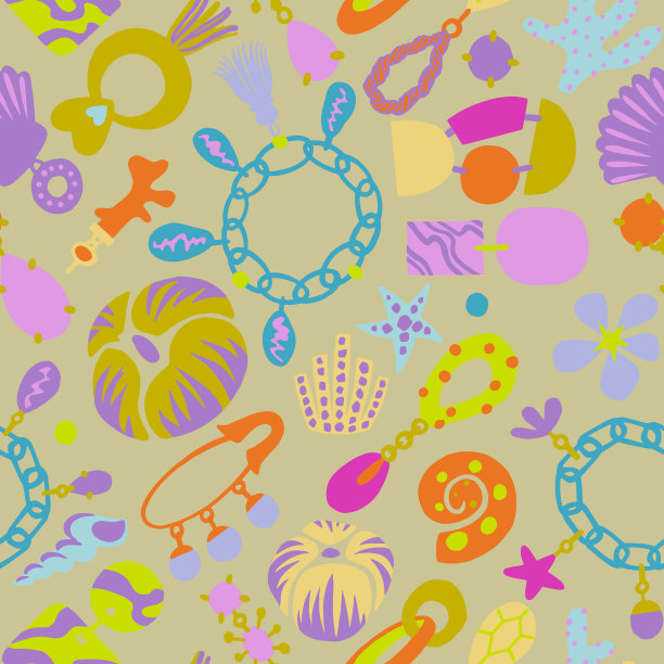 无缝图案与天然珠宝物件，项链，流苏，贝壳，耳环，首饰，吊坠，脚镣，小枝，库伦图片下载