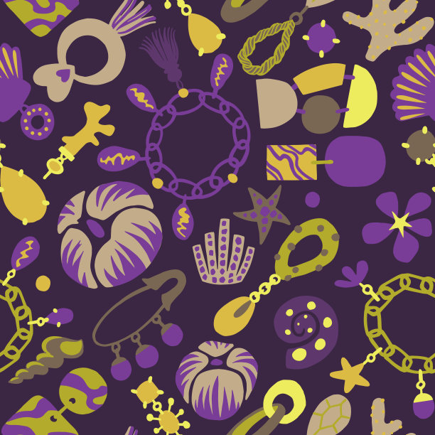 无缝图案与天然珠宝物件，项链，流苏，贝壳，耳环，首饰，吊坠，脚镣，小枝，库伦图片下载