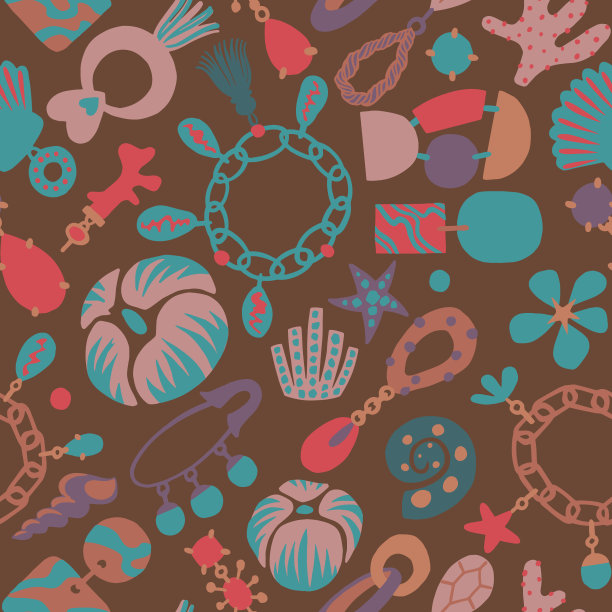 无缝图案与天然珠宝物件，项链，流苏，贝壳，耳环，首饰，吊坠，脚镣，小枝，库伦图片下载