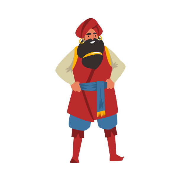 老苏丹，阿拉伯人在东方服装，阿拉伯童话卡通人物矢量插图图片下载