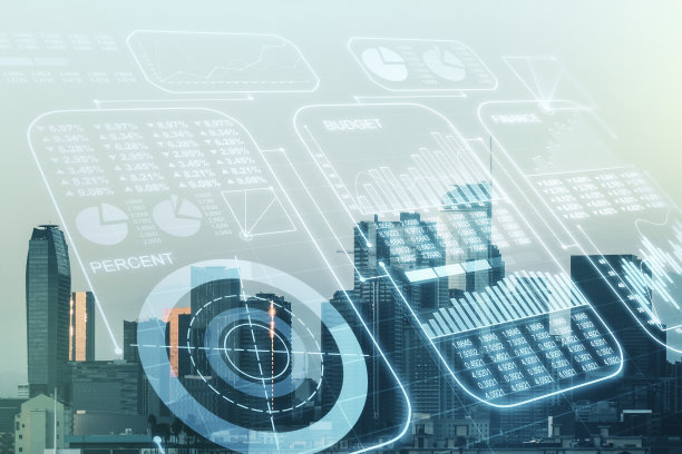 双重曝光的抽象创意统计数据全息图的洛杉矶办公大楼的背景，分析和预测的概念图片下载