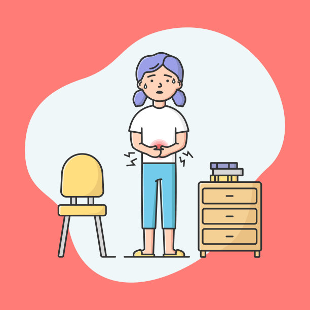 保健医学概念，痛经。年轻女子胃痛。女孩站着，抱着肚子，感觉很糟糕。卡通线性轮廓风格。矢量图图片下载