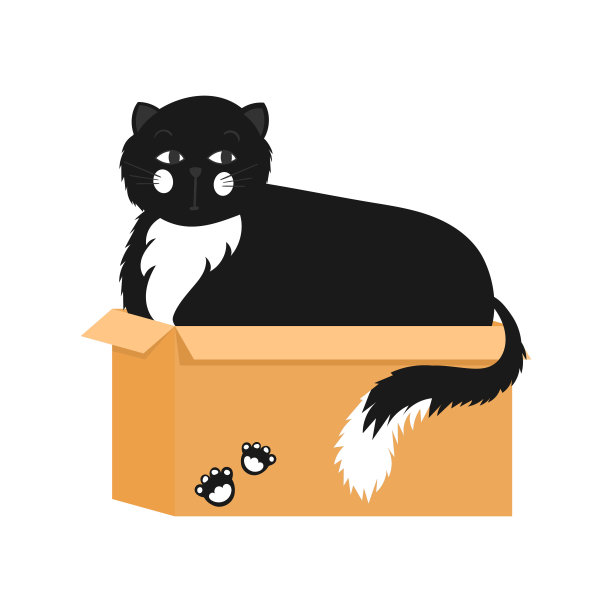 猫正坐在盒子里。可爱的卡通黑猫。图片下载