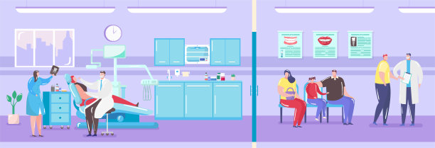 牙科诊所内部设有医生和病人坐在牙科椅上和排队等候病人用药的病媒说明。图片下载