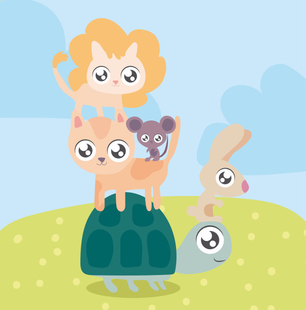 可爱的动物在风景，卡哇伊风格图片下载