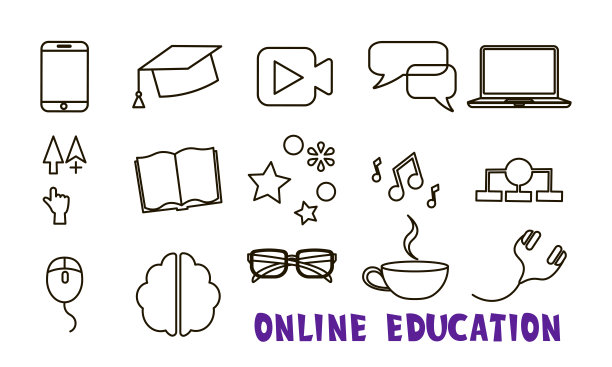 在线教育或e-learning或互联网毕业集图标与移动设备，手机，视频，聊天，PC，电脑，电脑箭头，书籍，音频，图表。鼠标，大脑，眼镜，杯子，耳机图片下载