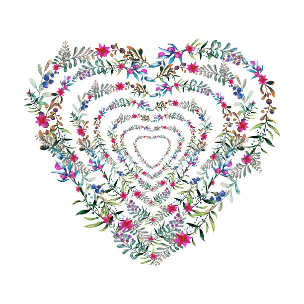 五彩缤纷的母亲节心与绿色植物和白色的花孤立图片下载