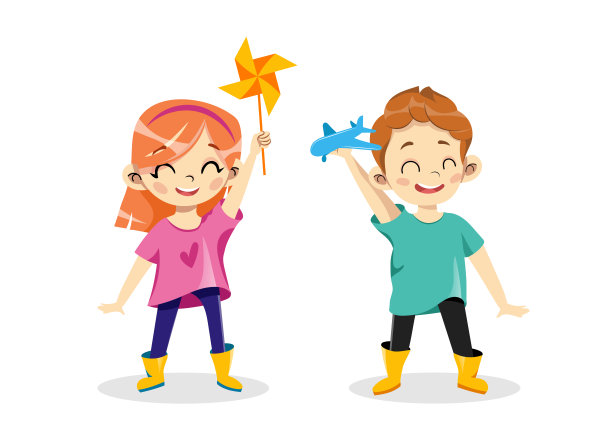 儿童创造力与发展的概念。儿童创意学校的广告，男孩和女孩手里拿着玩具风车和塑料飞机。卡通平面矢量插图图片下载