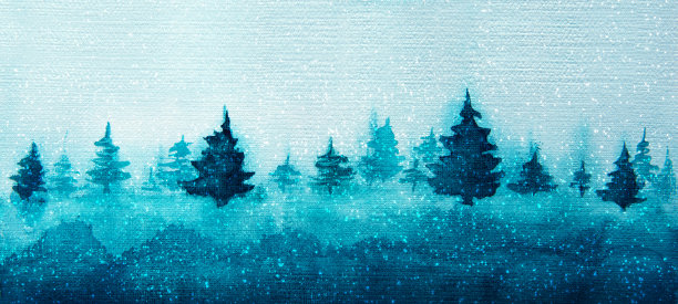 圣诞蓝色水彩背景与冷杉树和文字空间。图片下载