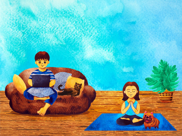 男人在家工作在线教育在线学习女人瑜伽心灵水彩画卡通人物插画设计图片下载