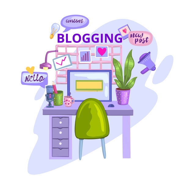 一个舒适的家庭办公室的插图，桌子，椅子，电脑，麦克风，植物和一杯咖啡。图片下载