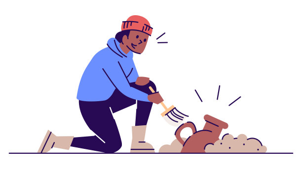 考古学家与旧陶罐平面矢量插图。考古发掘。宝藏猎人。女人清洁古董壶与刷子卡通人物与轮廓在白色的背景图片下载