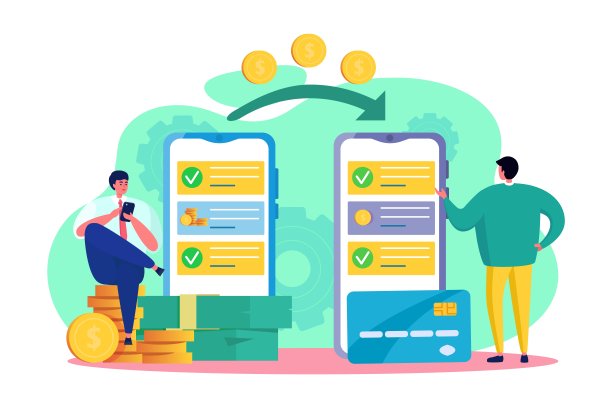 在线转账矢量插图，卡通扁好友人物转账，发送电子钱包交易币素材图片