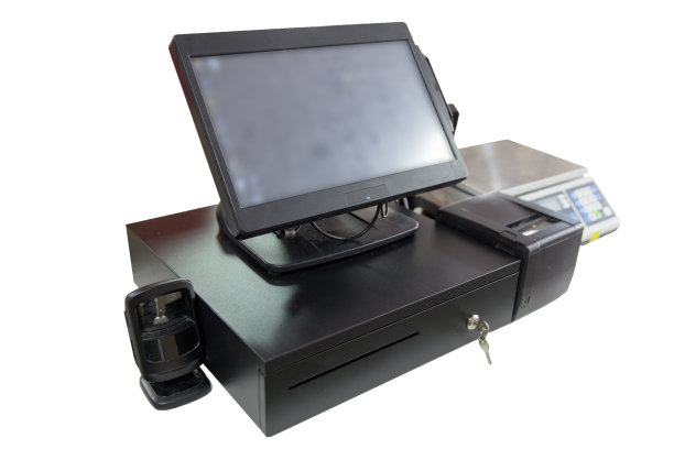 店内的现金设备有柜台显示器、电脑、客户显示器、财务驱动器、收银机、现金抽屉等白色背景图片下载