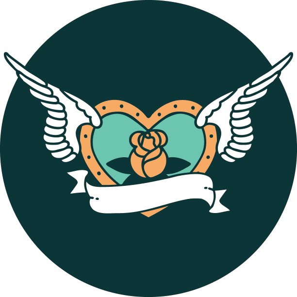 纹身风格的图标，一个飞翔的心与鲜花和旗帜图片下载