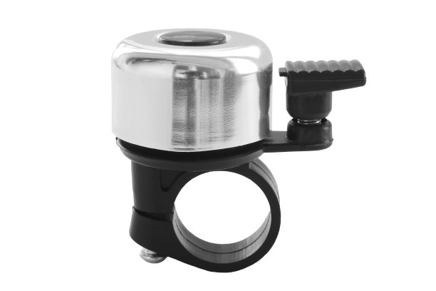 银色的自行车铃孤立在白色的背景上。自行车车铃，带金属环的塑料喷嘴。白色背景上的自行车铃。前视图。图片下载