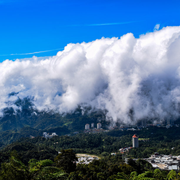 云顶高地是马来西亚吉隆坡的一个热门旅游景点。从缆车上俯瞰云顶高地。多云，穆迪绿色的云顶高原，马来西亚图片下载