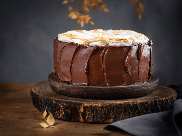 美味的自制巧克力蛋糕与蛋白霜浇头在乡村桌子与空间的文字。有选择性的重点。秋站蛋糕概念。图片下载