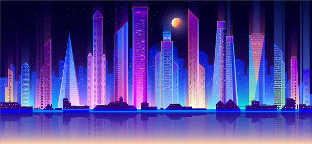 现代大都市夜景扁平风格素材图片