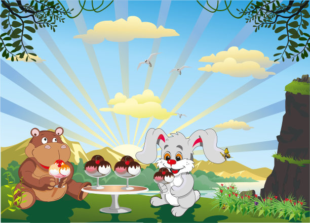 图片-兔子和河马在户外吃冰淇淋图片下载