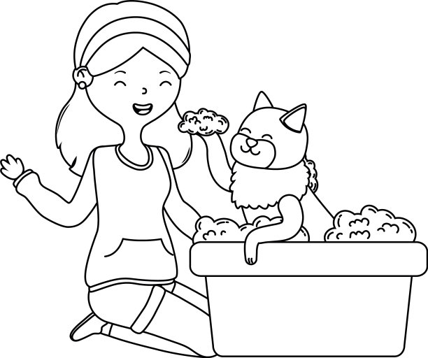 女孩与猫卡通设计图片下载