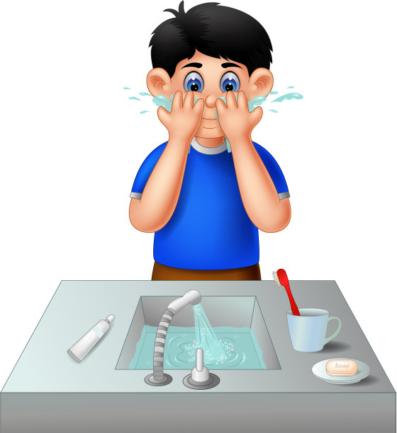 有趣的男孩在蓝色衬衫洗脸卡通图片下载