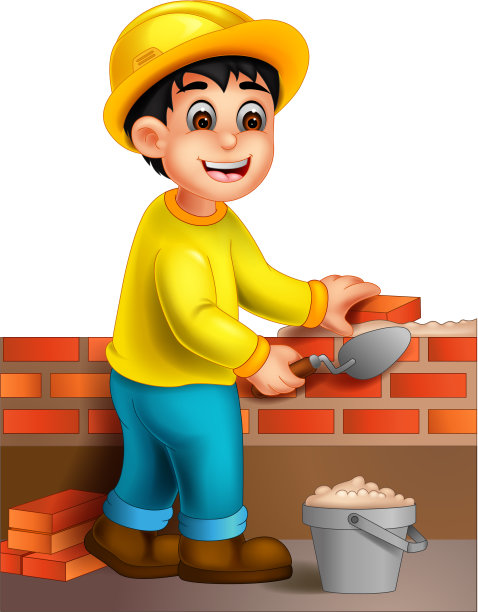 滑稽的工人在黄色套装制作墙壁卡通图片下载