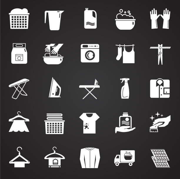 洗衣房图标设置在黑色背景的图形图片下载