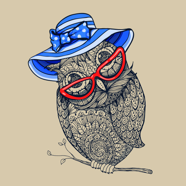 涂鸦风格猫头鹰在夏季蓝色脱帽和图片下载