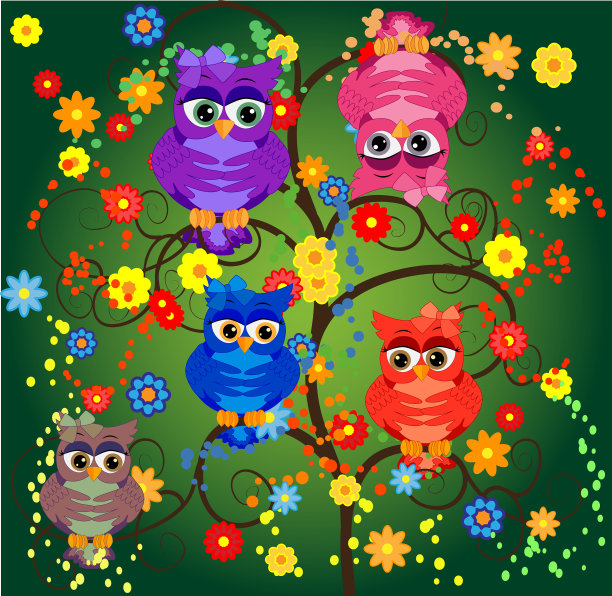 四对猫头鹰坐在树枝上图片下载