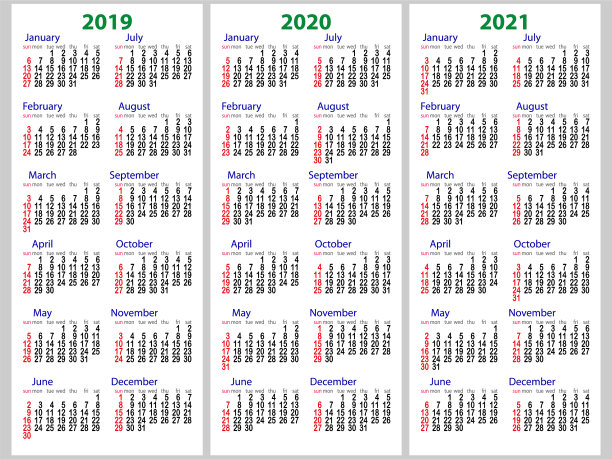 设定2019年、2020年和2021年的日历网格图片下载