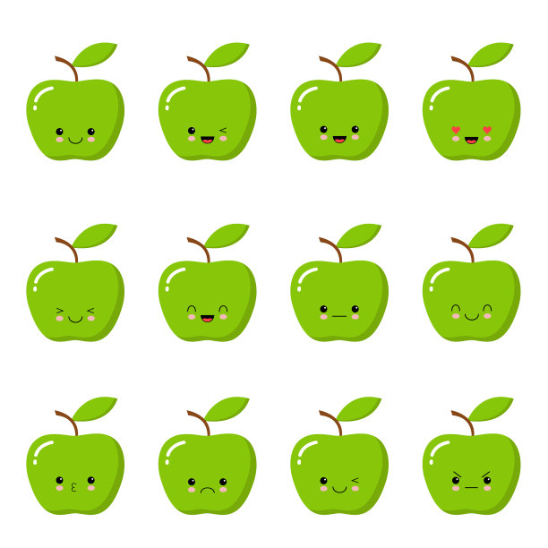 可爱的绿苹果可爱的表情脸上的白色图片下载