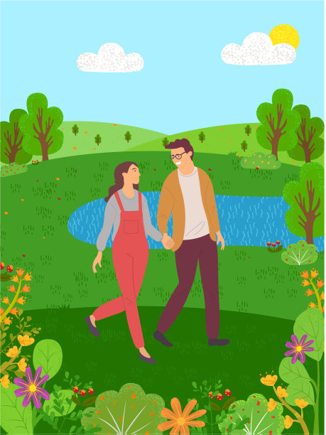 湖，花，山，夫妇，男人，女人散步图片下载