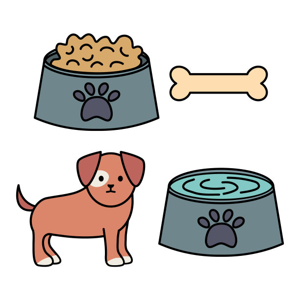 小狗拿着盘子、食物和水图片下载