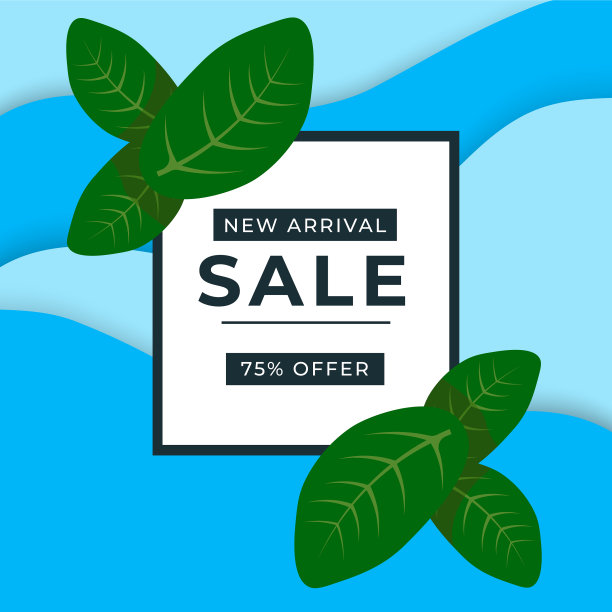 蓝色背景与绿色树叶夏季大甩卖图片下载