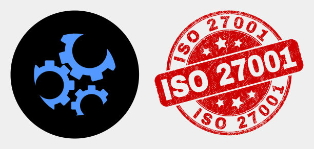 齿轮图标和ISO 27001 grunge印章图片下载