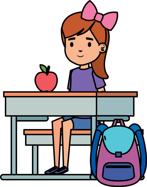 学生女孩坐在课桌和苹果和图片下载