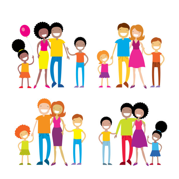 一套4幅可爱的卡通家庭肖像图片下载