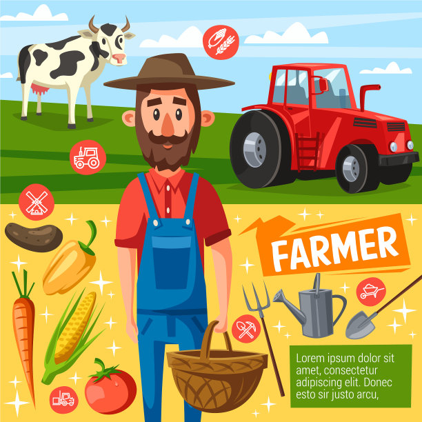 农民职业海报，有农场收获和奶牛图片下载
