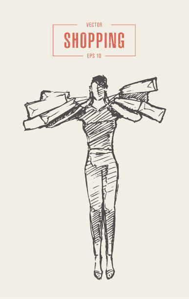 购物女孩步行袋素描图片下载