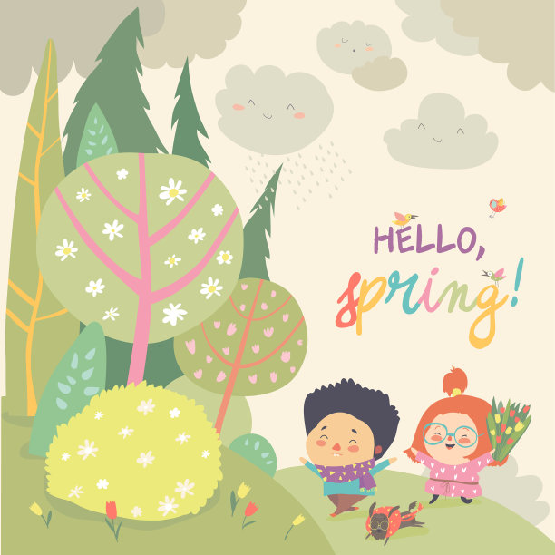 可爱的孩子们在春天的森林里奔跑，你好春天图片下载